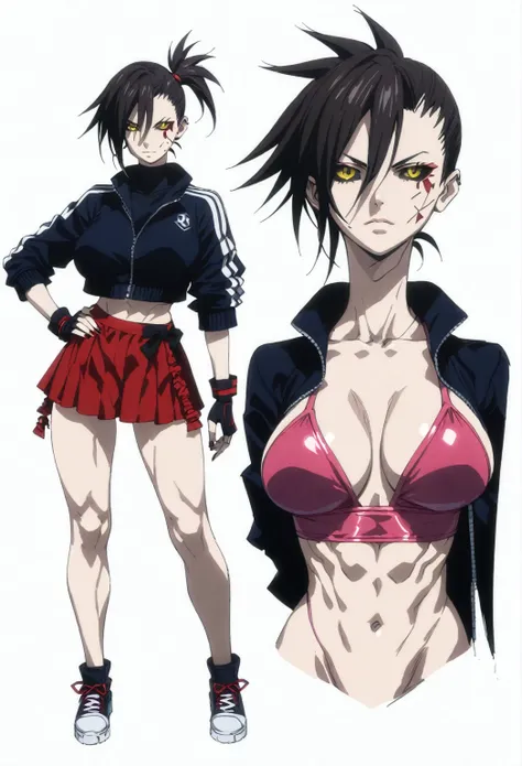 woman,woman madure,short hair,red dark hair, spiky hair, side ponytail, black jacket, yellow eyes, black sclera, pale skin, rivet on face, robot woman, muscular, bright pupils, black sclera, big breasts,huge breasts,giant breasts, highly detailed, detailed...