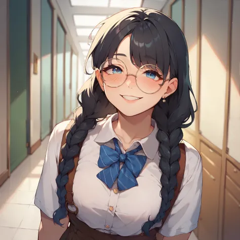 a college female with long black hair that is tied in double braids and light blue eyes. she wears round glasses and is wearing simple clothes while smiling and blushing while standing in a college hallway.