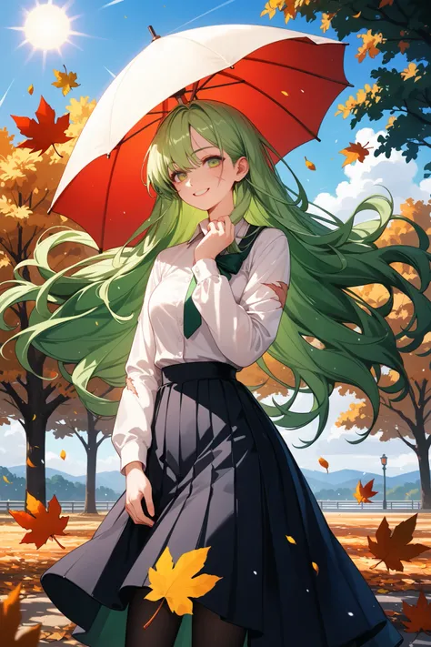 4k anime style, Smooth anime CG, 8k anime, Best quality, High resolution,Superdetail,Perfect light,ager Anime, Long hair,emerald green hair, medium chest, Beautiful waist,upper body,scars, burn scars,neutral,She wearing white pleated mini-skirt,black tight...