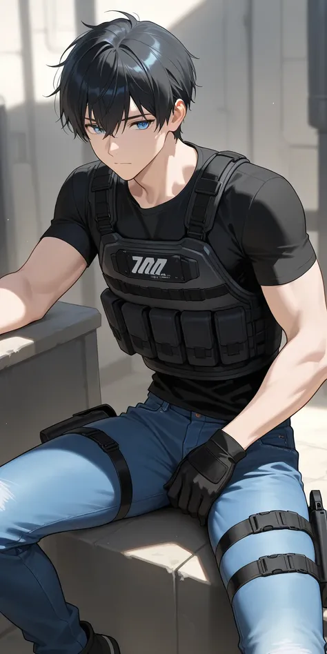 One male, black t-shirt, black hair, blue eyes, blue jeans, body armor, black gloves, thigh holster