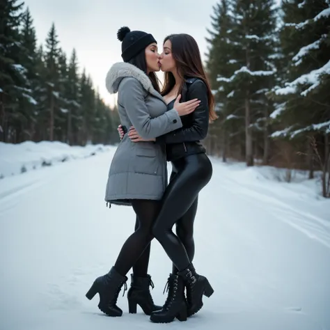 (two women:1.3), (slim figure:1.5), (kissing:1.2), (dressed in a sexy winter outfit:1.3), (winter coat:1.3), (black shiny leggings:1.5), black high heeled boots, black boots, (ankle boots:1.3), (outside a ski resort:1.3), curvy accentuated booty, (big brea...