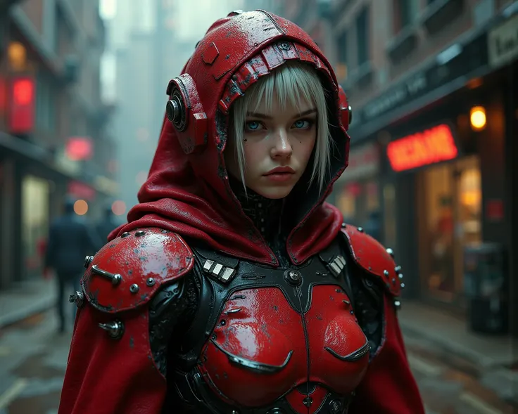   S1n0z1ck style,
 close up of a person wearing dark sci-fi style clothes with a futuristic hard surface ,  slightly oval cross-sectional view ,  battle damaged armor ,  Santa Outfits,  Wabi-sabi woman Santa Claus Mercenary Battle Droid humanoid woman is s...