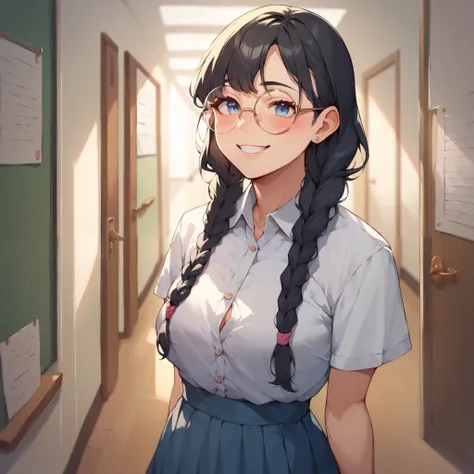 a college female with long black hair that is tied in double braids and light blue eyes. she wears round glasses and is wearing simple clothes while smiling and blushing while standing in a college hallway.