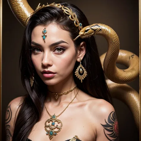  The snake princess is a charming girl with snake symbols tattooed on her face and body , all her precious jewelry is made in the shape of a snake .  An unusual fascinating surreal portrait of the Snake Princess in the highest quality  !