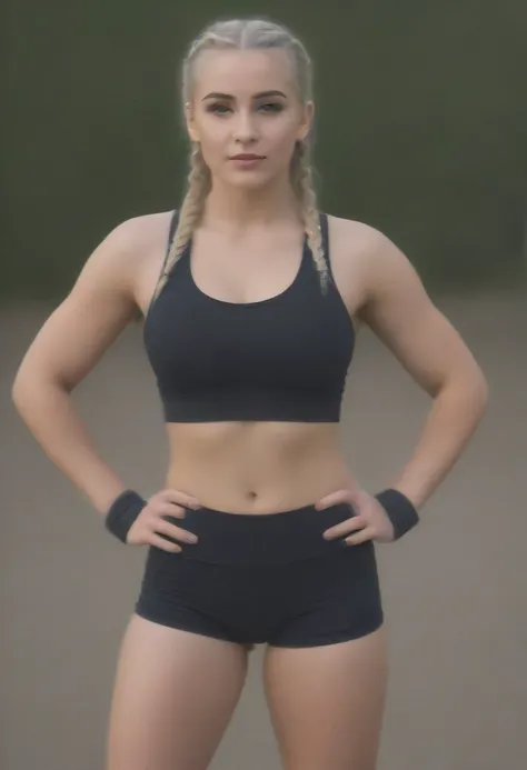 beautiful ager, blonde, perfectbody, PERFECT ASS, short in stature, Waist slender, Huge breasted, thick-thighs, steep nose, small-nose, long braids,. props, wristbands, BRACELETE, mitts, garters. LOCATION EUA. OUTDOOR GYM AT BACKGROUND. to semi-vest. Skimp...