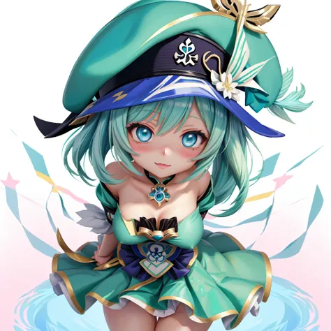 cartoon girl with blue eyes and green hat,  Style anime  , Ayaka from Genshin Impact , Mikudayo,   anime stylized  ,   live2d virtual youtuber model , Also, Tsuaii,   anime Moe art style, Rei Hiroe, shirabii, bravely default ii から, Mai Yoneyama, Teshirogi ...