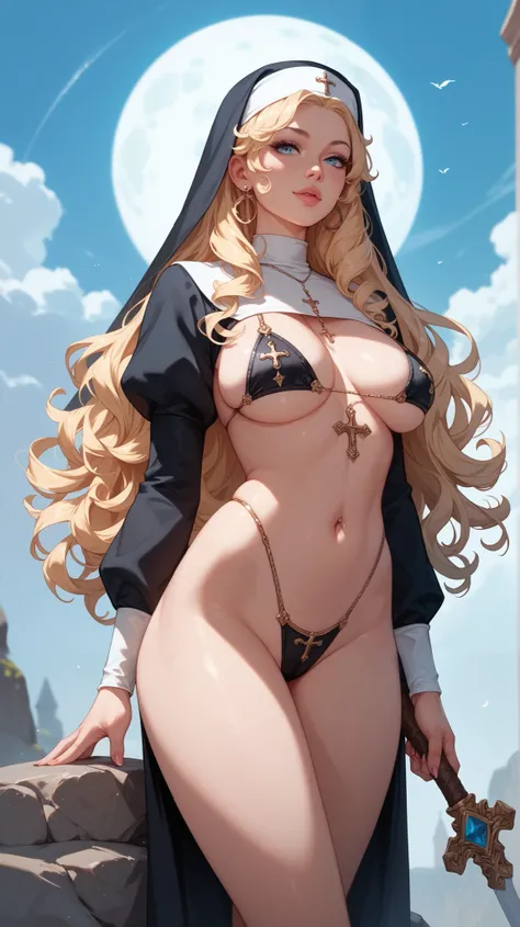 Full bodied sexy blond woman with very long, curly, blond hair wearing a revealing, tight and sexy nun bikini standing tall on a rock in front of the moon.