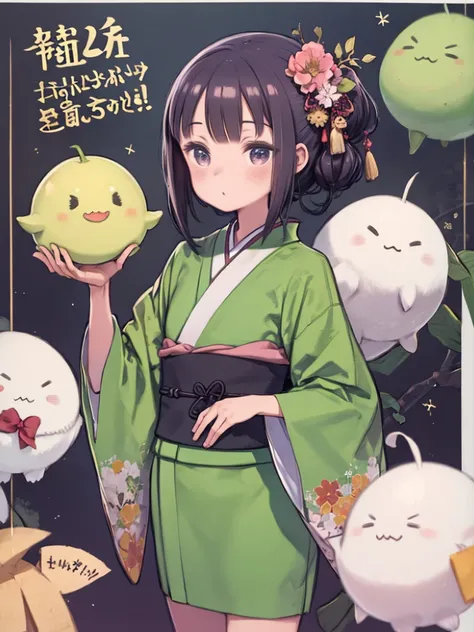 daikon-chan wearing white and green kimono、 New Year's Greetings、 daikon kagamimochi decoration 、Daikon Kadomatsu