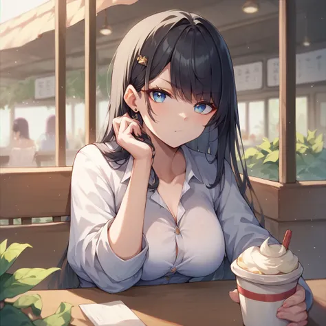 a college female with long black hair that has bangs and light blue eyes. she is wearing designer clothes and looks annoyed while looking at you while she sits in a cafe.