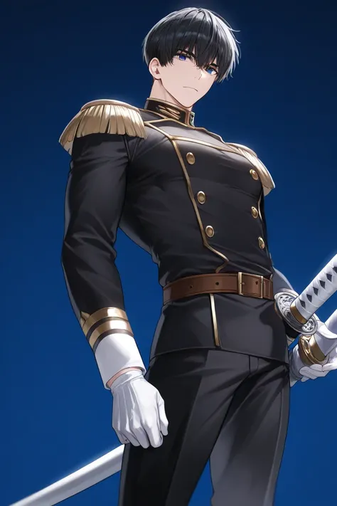 BEST QUALITY, ULTRA DETAILED, HIGH DEFINITION, PERFECT ANATOMY, ALONE, 1boy, short hair, dark blue eyes, black hair, toned, thin, military uniform, black vest, gold buttons, shoulder pads, brown belt, black pants, white gloves, carrying a sword at his wais...