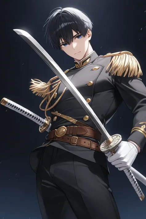 BEST QUALITY, ULTRA DETAILED, HIGH DEFINITION, PERFECT ANATOMY, ALONE, 1boy, short hair, dark blue eyes, black hair, toned, thin, military uniform, black vest, gold buttons, shoulder pads, brown belt, black pants, white gloves, carrying a sword at his wais...