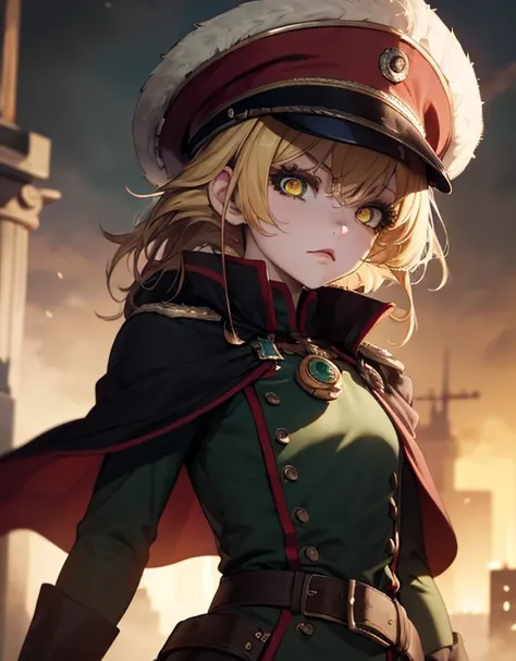 1girl, (Tanya Degurechaff) in a striking pose, wearing a (dramatic black cape), (vibrant multicolored cape), military uniform, (long sleeves), (military hat) adorned with peaked cap, (short blonde hair), holding a (sharp saber), (white gloves), (intense ye...