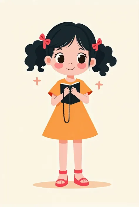 crie uma imagem doddle art, minimalist style, A black , s,  curly black hair, with pigtails, large dark brown eyes ,  dressed in a candy-colored dress,  wearing a pink sandal ,  holding in her hands a bible and a rosary .