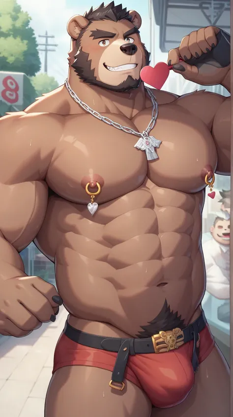  Grizzly bear face doodle,Humanity (brown bear),(top-less:1.3), beat ,( black eyebrows:1.1),( perfect eyes), brown fur ，（artist:Takemoto Arashi），（ Fun red underwear:1.3），Pata，（black beard:1.3），（ nipple rings :1.3），Valentine's Day theme