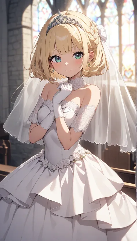 ,  1 girl in the best, Alone,  dress ,  tiara ,  Hime cut hair、 long blonde,  shoulder out, wedding  dress ,   white background ,  gloves, white  dress 、smile、Church with a sea view、 big window:1.8