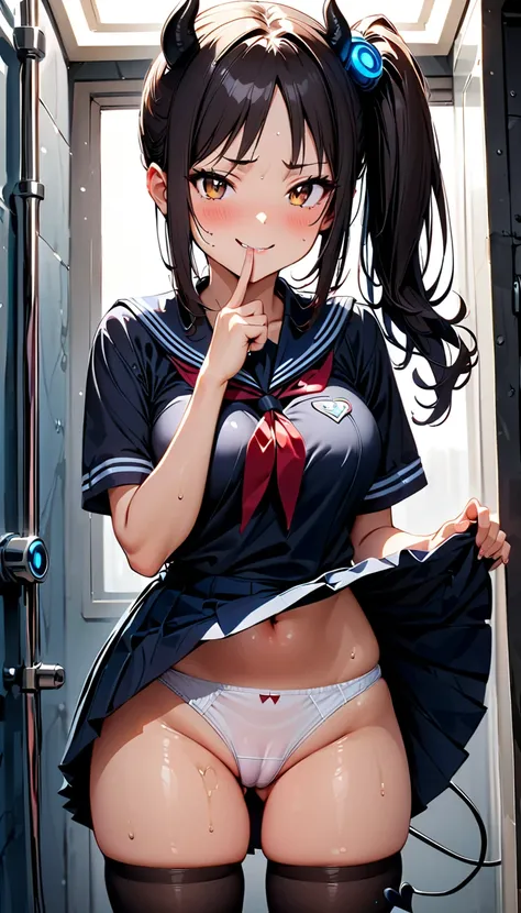 (Slender, (8yo), large breasts, cameltoe,(right finger to mouth)), (school uniform), (Navy mini skirt), sexy white mini panties, (1girl, Reica Shimohira, GANTZ), (side ponytail), brown eyes, black hair, beautiful detailed eyes, (cute eyes), black thigh hig...