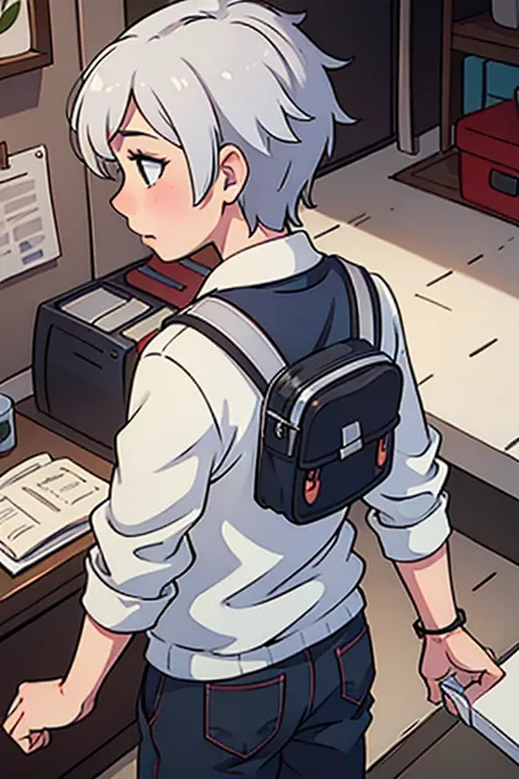 Boy with silver hair facing back