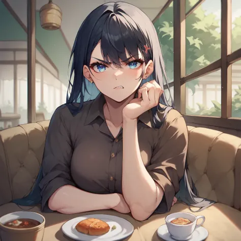 a college female with long black hair that has bangs and light blue eyes. she is wearing designer clothes and looks annoyed and angry while looking at you while she sits in a cafe.