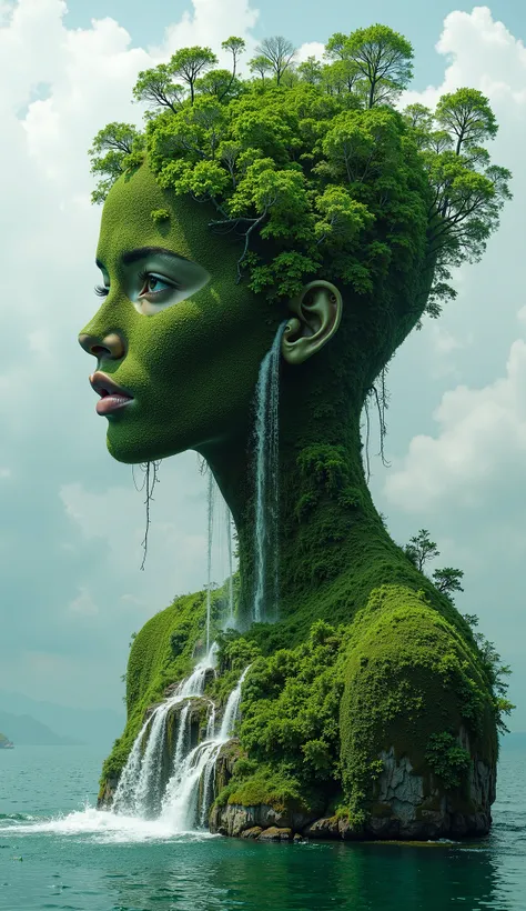 A beautiful woman's body is full of small trees, , trees, vignes, Greenery and plants , son corps est vert ,   a waterfall that comes out of her head  ,   This waterfall looks like her hair , une cascade coulant de son corps et tombant dans la mer.  She is...