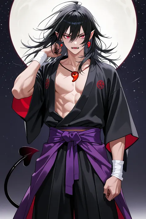 BEST QUALITY, ULTRA DETAILED, HIGH DEFINITION, PERFECT ANATOMY, ALONE, 1boy, , toned, slim, slender, pointy ears, sharp fangs, black hair, medium length hair, demon tail, red eyes, slit pupil, sharp nails, half-open black upper kimono, cord, red magatama p...