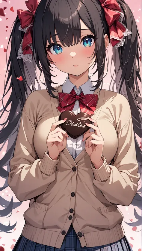  Valentine、 pink background、 holds out chocolate with both hands、 girl 、 shameful expression 、school uniform, Cardigan、 check skirt、petals effects、spoken heart、from front、( slim、1 person, cute young woman,  medium breasts, black hair、 twin tail hair 、Long ...