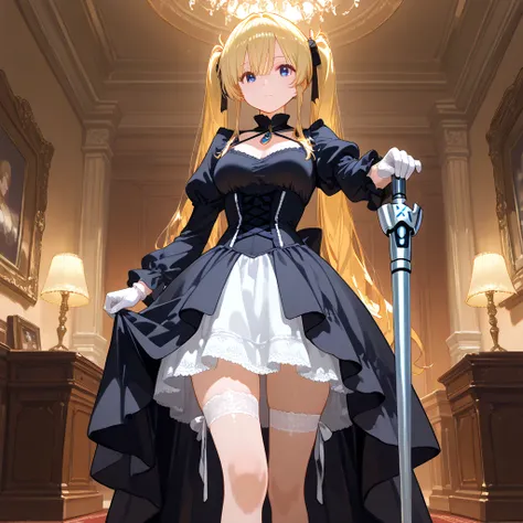 BEST QUALITY, ULTRA DETAILED, HIGH DEFINITION, PERFECT ANATOMY, ALONE, 1 witch girl, short and thin, medium breasts, with hair that reaches her waist, tied in two ponytails by ruffled hair ties, one on each side. She dresses in an aristocratic way, a dress...