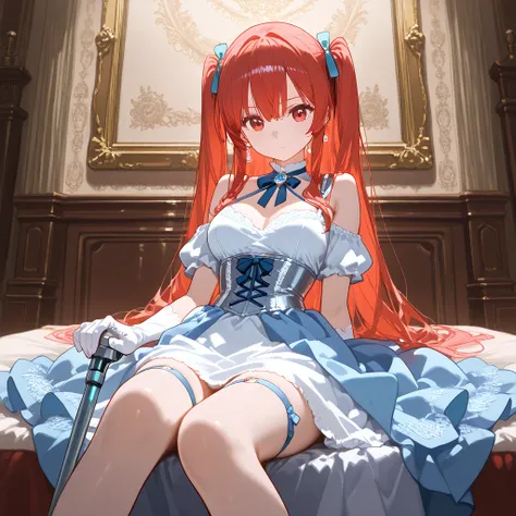 BEST QUALITY, ULTRA DETAILED, HIGH DEFINITION, PERFECT ANATOMY, ALONE, 1 witch girl, short and thin, medium breasts, with hair that reaches her waist, tied in two ponytails by ruffled hair ties, one on each side. She dresses in an aristocratic way, a dress...