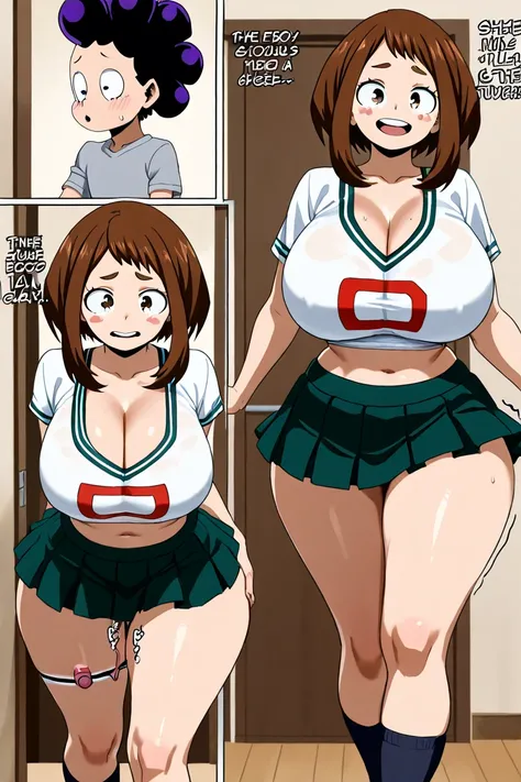 (1 girl, 1 man young ) 1girl, 1 man young  ,  Ochaco Uraraka  \( Ochaco Uraraka  my hero academia\), Ochaco Uraraka  my hero academia, THE GIRL HAS BROWN HAIR, 
long hair to the shoulder, by the coffee, brown eyes,  huge tits,  speaking , walking, habitaci...