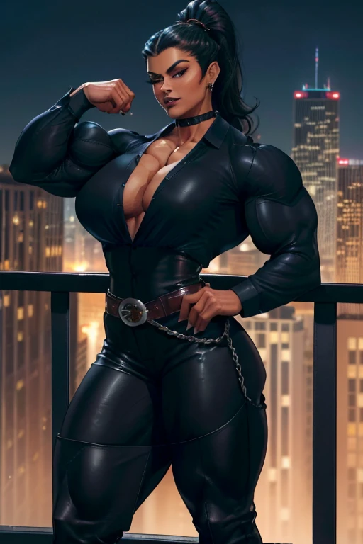 ((Close-up)), tall, (jet black hair) beautiful muscular woman, wavy ponytail, brown skinned, closed smile, (large breast), (black lipstick), (massive muscles), (hyper muscle), ((ginormous bulky muscles)), blue eyes, ((((long sleeve formal shirt)))), (((lea...