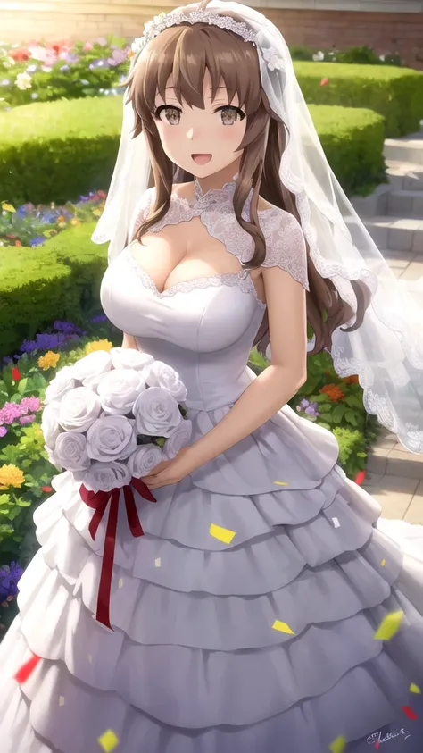 Masterpieces, Best Quality, girl, looking at viewer, azusagawa sakuta, solo, brown hair, brown eyes, large breasts, wedding Dress, standing, garden, confetti, holding bouquet, smile, open mouth