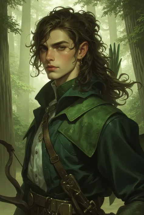 
a painting of a man male character, elven male, long curly hair, ponytail, Hair falling in his face, messy hair green eyes, freckles, divinity detailed, messy hair cinematic full character with a bow, cutly hsir, freckles and arrow in the woods, male fore...