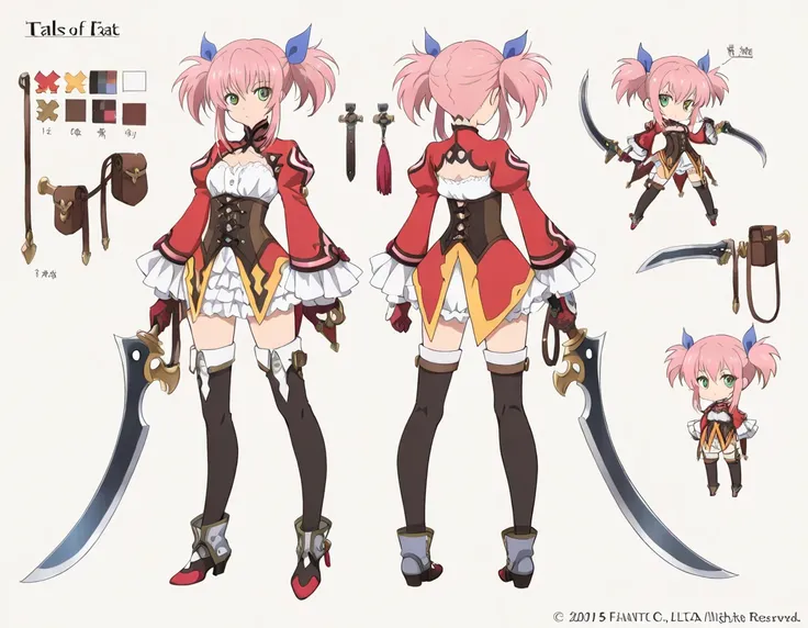 (((Best Quality))) , ((full body)), female, reference sheet, solo, (white background), high-fantasy, holding weapon, chibi, tales of, corset, 
