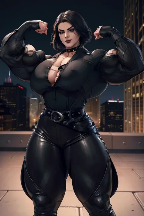 ((Close-up)), tall, (all black hair) beautiful muscular woman, angled Bob hair, white skin, closed smile, (large breast), (black lipstick), (massive muscles), (hyper muscle), ((ginormous bulky muscles)), crimson eyes, ((((long sleeve formal shirt)))), (((l...