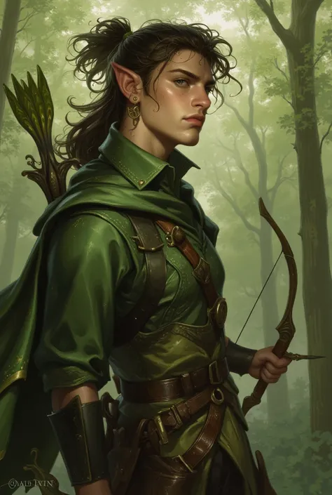 
a painting of a man male character, elven male, long curly hair, short ponytail, green eyes, freckles, messy hsir, hair falls on his face, dlim posture, thin figure divinity detailed, cinematic full character with a bow, cutly hsir, freckles and arrow in ...