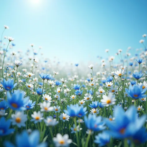 A field filled with beautiful flowers, a harmonious blend of white and blue petals that shimmer and glow with life. These vibrant flowers spread across a vast meadow covered in colorful blossoms, stretching as far as the eye can see under a clear blue sky....