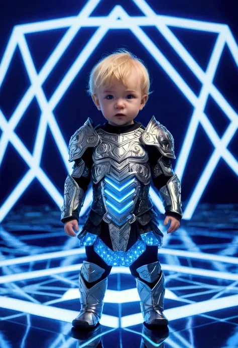  A blond baby about  , wearing Aries ,  armor inspired by the anime Knights of the Zodiac style standing on a surface The background features blue and white LED lights forming geometric patterns,  creating a modern and futuristic environment , like an illu...