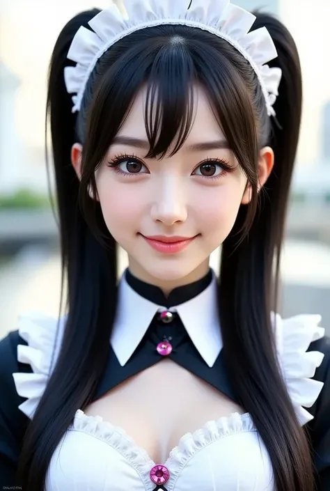  score_9, score_8_  up, score_7_  up,  ultra detailed ,  absolute resolution , 32K,Masterpiece,  best quality , S uper High Definition, beautiful face and eyes ,  beautiful Japanese girl 、((メイド服を着た Female Robot )) ,  black hair, smile,  twin tails, ( Robot...