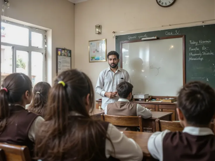 A high-resolution, photorealistic image of a Pakistani classroom. The teacher, dressed in formal attire, is standing near the whiteboard, gesturing while speaking to an unseen individual seated at the back of the class (POV). The teacher's gaze is focused ...