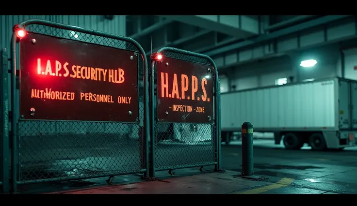 A medium shot captures a pair of **warning signs** mounted on the industrial fencing near the loading dock entrance. One reads: *“H.A.P.S. SECURITY HUB – AUTHORIZED PERSONNEL ONLY”* in bold red text, illuminated by a flashing **red beacon**, while the seco...