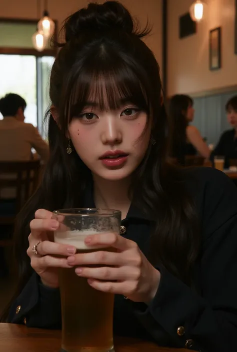 Instagram portrait of young woman M1n4toz4k1 inside a restaurant and holding a beer