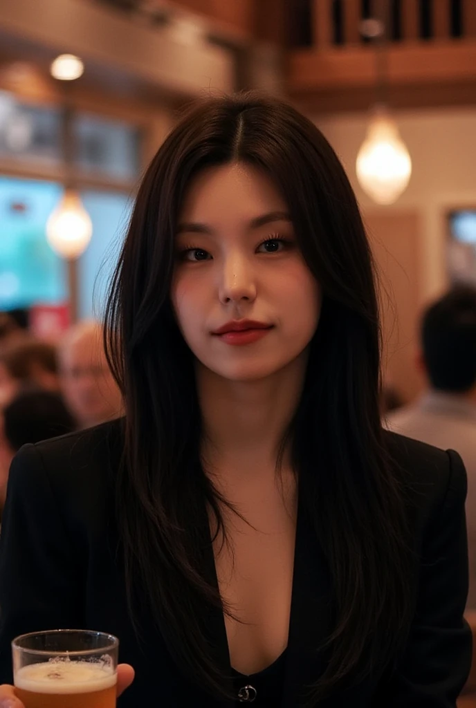 Instagram portrait of young woman M1n4toz4k1 inside a restaurant and holding a beer