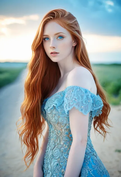 (( intricate details ,  pale skin)), One,  very detailed,  detailed face,  very long hair ,  photo of a beautiful young woman, _dispersed, sfw, (( natural red hair )),  high resolution photos RAW , 16k photo, ( full length),  standing device,  gentle facia...