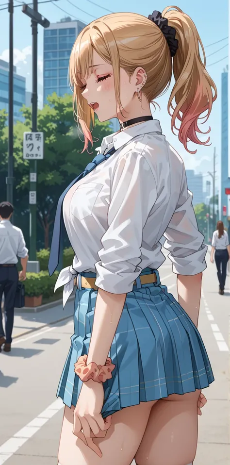 (  full body shot ), (((Rear shot))), ( from behind ),  girl ,  fit girl, KJOmarin, blonde hair, length hair,  pink eye,  earrings,  ear piercing, multicolored hair,  source_Anime, masterpiece, best quality, huge chest, Fancy fixes,1人の girl ,   Jewelry,  t...