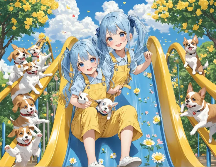 girl love playing on the slide.  light blue long hair、 beautiful twin-tail girl、The yellow denim bridging suit 、 I'm playing on the park's long slide with a smile、blue sky、 A lot of s are playing、 A park full of flowers 、The dogs are playing too 