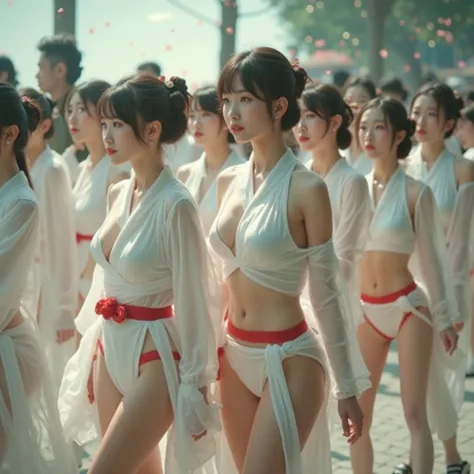 Exposed Open Gigantic Cleavage, CoveredNipple without Bra, Transform into 8K UltraDetailed Live-Action, Photorealistic, ExtremelyDetailed Professional Photography of KAWAII FUNDOSHI Girls at HAKATA GION YAMAKASA, FullBody from below, MagicHour Miracle, Eth...