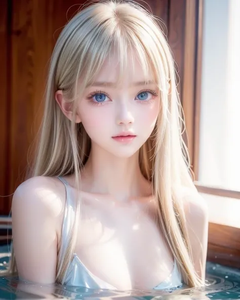  extremely beautiful, silky, super long blond hair 、 very cute beautiful sexy girl 、 very perfect beautiful cute face 、 clear, beautiful, super bright, etiah white, ice baby, big blue eyes、Extremely bright pigmented thin irises、white glossy skin 、Gloss Fac...