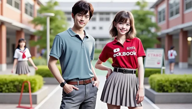 {
  "prompt": "A highly realistic full-body image of an 18-year-old young woman wearing a red polo shirt with the text 'EYA YouTube' written on it and a Japanese high school-style gray pleated skirt, standing confidently in a natural pose with a cheerful e...