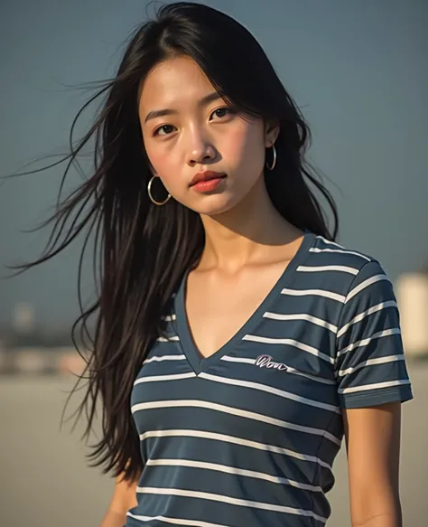   best mobile wallpapers Award-winning portrait wallpapers, the front view is a vertical image., All photos  ,    Southwest Asian Girl With Round Face  ,Age 25 years,  Dark Blue Striped White V-Neck T-Shirt , Graphic Print , " Artueam 90s," ,  Wearing expe...