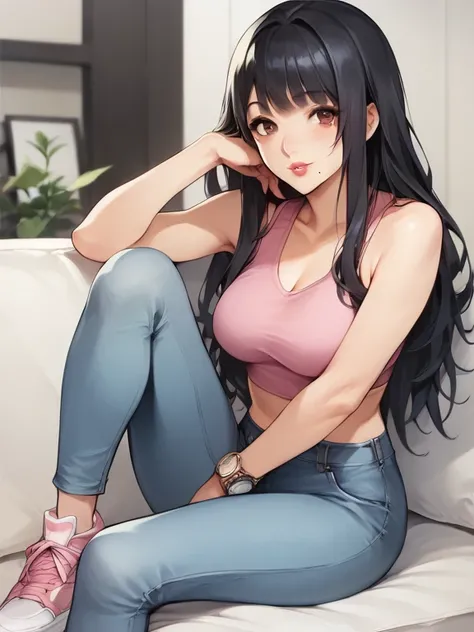  score_9,  score_8_ up,  score_7_ up,  score_6_ up, Paracal XL,  anime style，nsfw，  uncensored， flat color,  1 girl, Alone,  Details, masterpiece,  best quality,   Details, masterpiece,  best quality, 
 pink crop top, Chest,  sleeveless,  jeans,  tight pan...