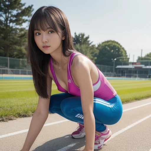 A female sprinter is shot in a crouching start position. She is wearing slim running clothes and bloomers, and the shot is focused on her chest. The track is visible in the background, and spectators can be vaguely seen around her. Bright sunlight shines o...